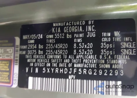 2024 Kia Sorento X-Line Ex из США, поврежденный, VIN 5XYRHDJF5RG292293